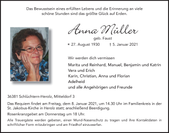 Traueranzeige von Anna Müller von FZ