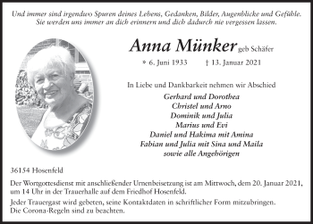 Traueranzeige von Anna Münker von FZ