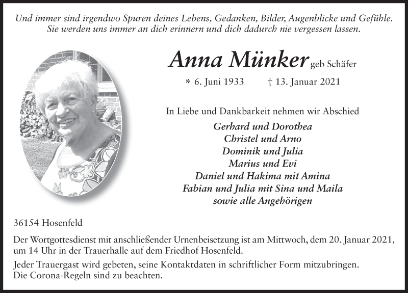  Traueranzeige für Anna Münker vom 18.01.2021 aus FZ