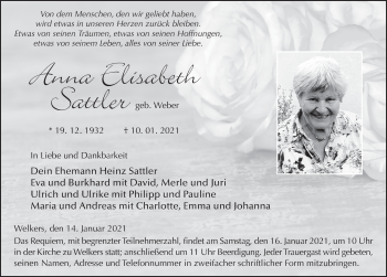 Traueranzeige von Anna Elisabeth Sattler von FZ