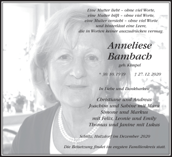 Traueranzeige von Anneliese Bambach von FZ
