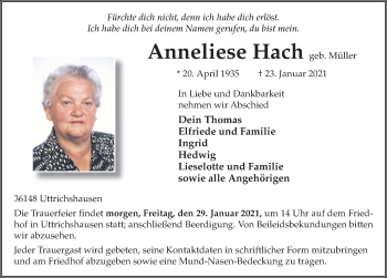 Traueranzeige von Anneliese Hach von FZ