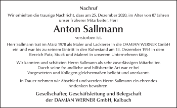 Traueranzeige von Anton Sallmann von FZ