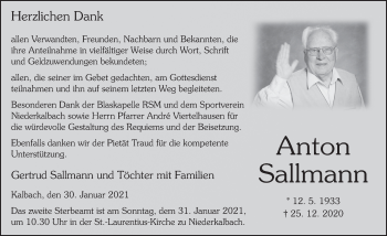 Traueranzeige von Anton Sallmann von FZ