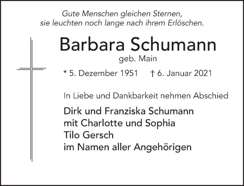  Traueranzeige für Barbara Schumann vom 16.01.2021 aus FZ