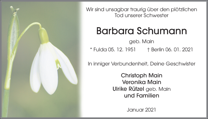  Traueranzeige für Barbara Schumann vom 16.01.2021 aus FZ