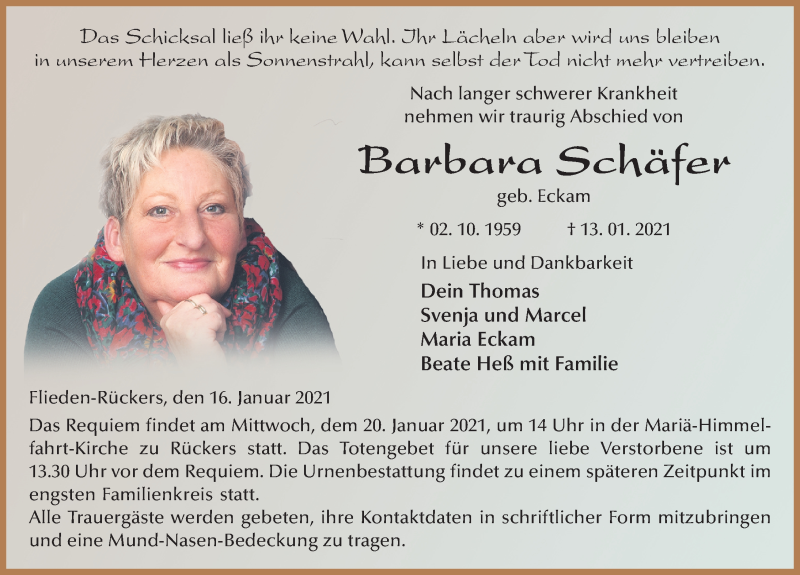  Traueranzeige für Barbara Schäfer vom 16.01.2021 aus FZ