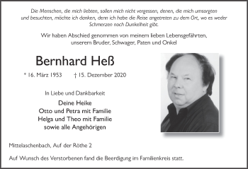 Traueranzeige von Bernhard Heß von FZ