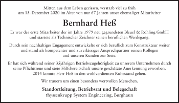 Traueranzeige von Bernhard Heß von FZ