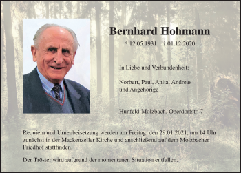 Traueranzeige von Bernhard Hohmann von FZ