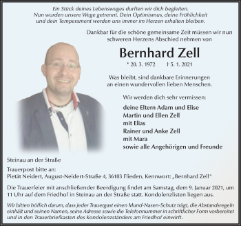 Traueranzeige von Bernhard Zell von FZ