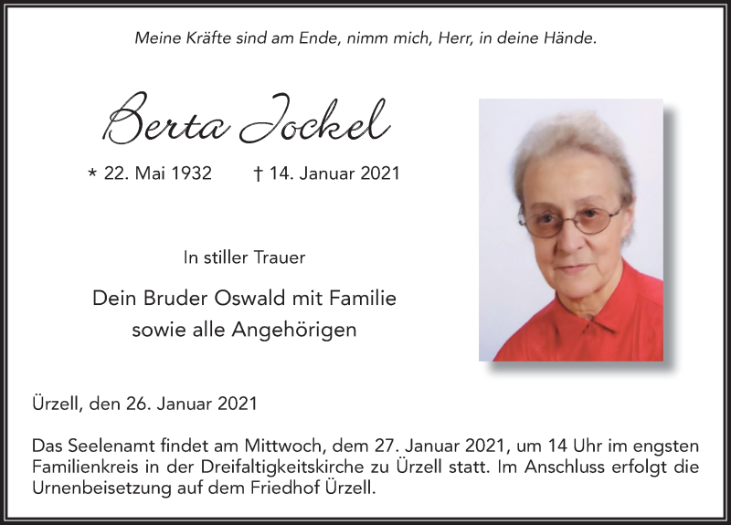  Traueranzeige für Berta Jockel vom 26.01.2021 aus FZ