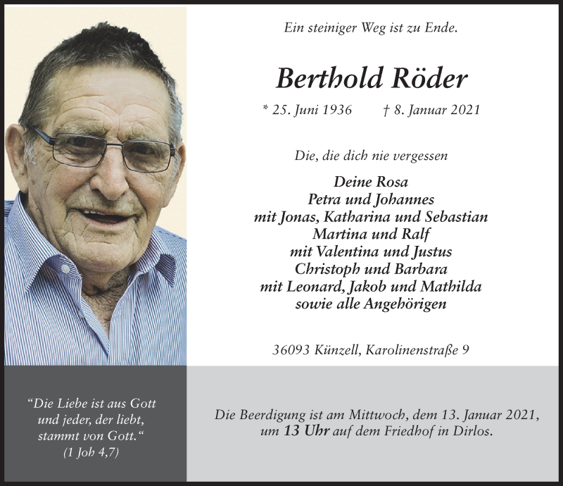  Traueranzeige für Berthold Röder vom 12.01.2021 aus FZ