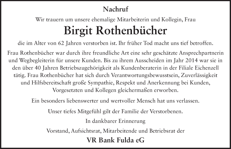  Traueranzeige für Birgit Rothenbücher vom 29.01.2021 aus FZ