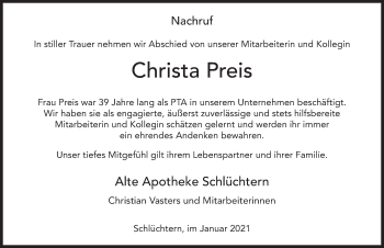 Traueranzeige von Christa Preis von FZ