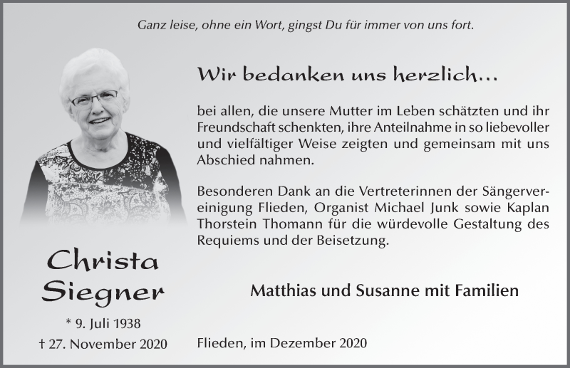  Traueranzeige für Christa Siegner vom 31.12.2020 aus FZ