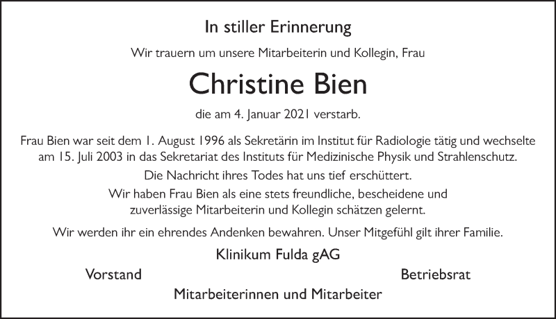  Traueranzeige für Christine Bien vom 19.01.2021 aus FZ