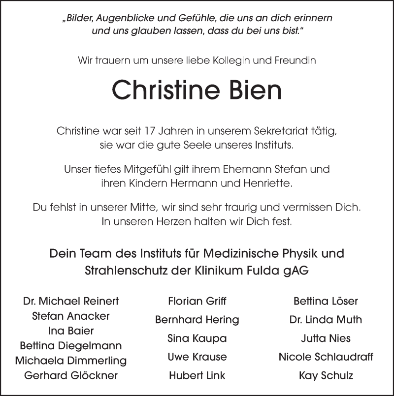  Traueranzeige für Christine Bien vom 19.01.2021 aus FZ