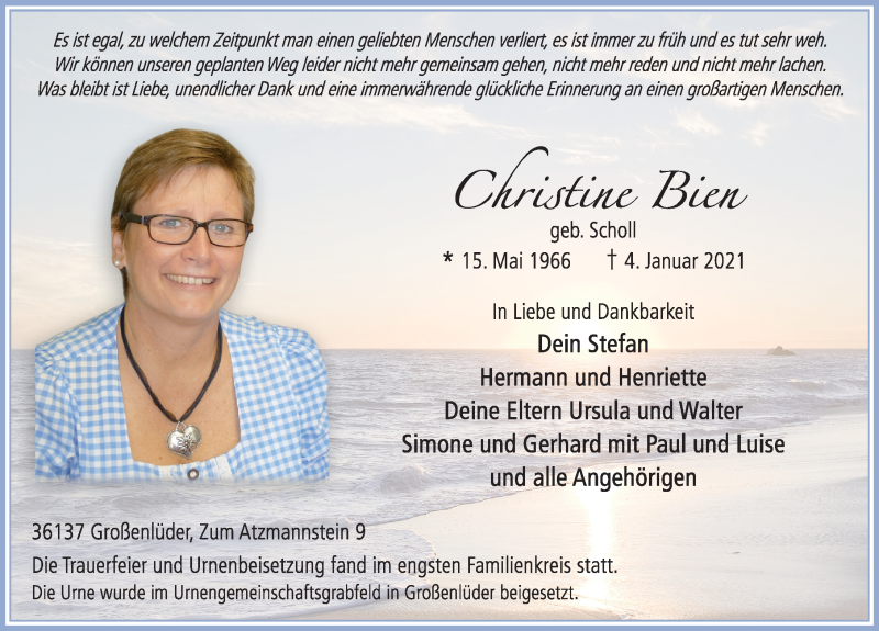  Traueranzeige für Christine Bien vom 19.01.2021 aus FZ