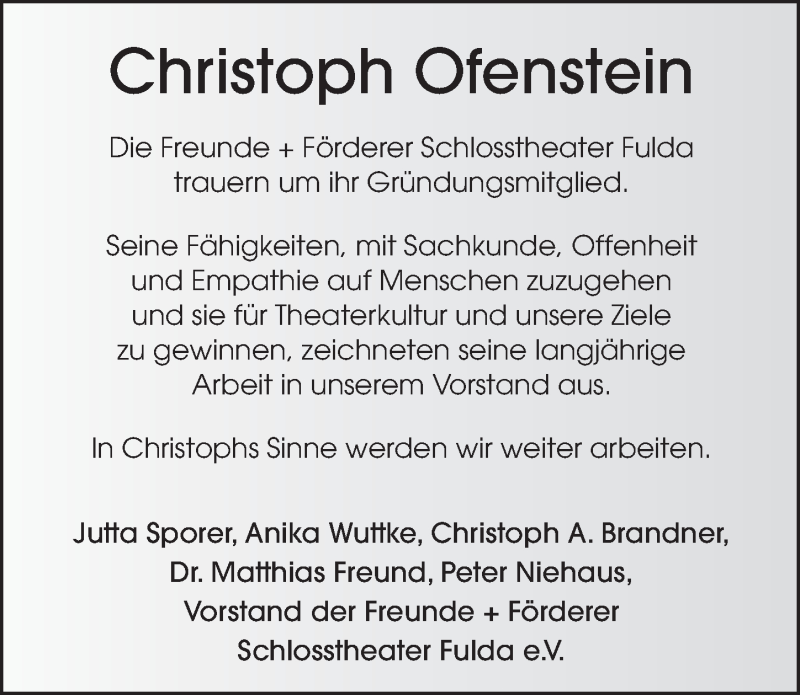  Traueranzeige für Christoph Ofenstein vom 31.12.2020 aus FZ