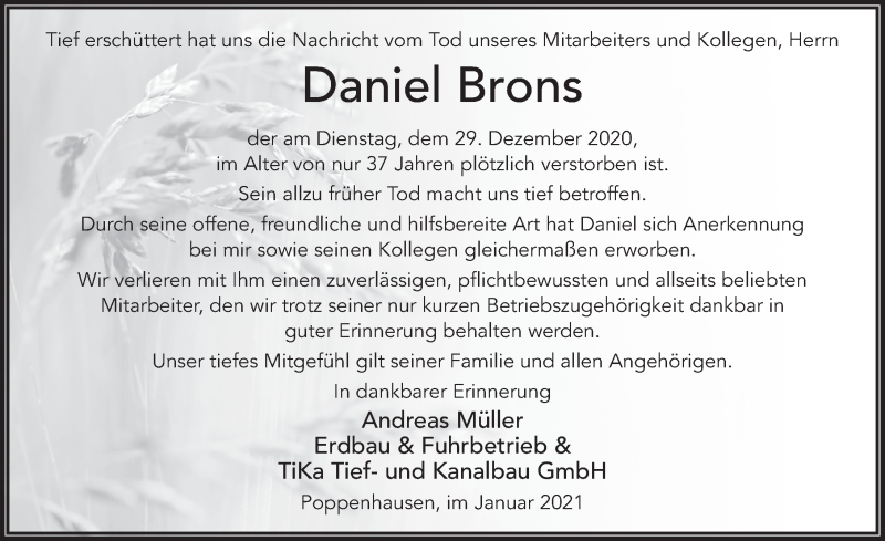  Traueranzeige für Daniel Brons vom 04.01.2021 aus FZ