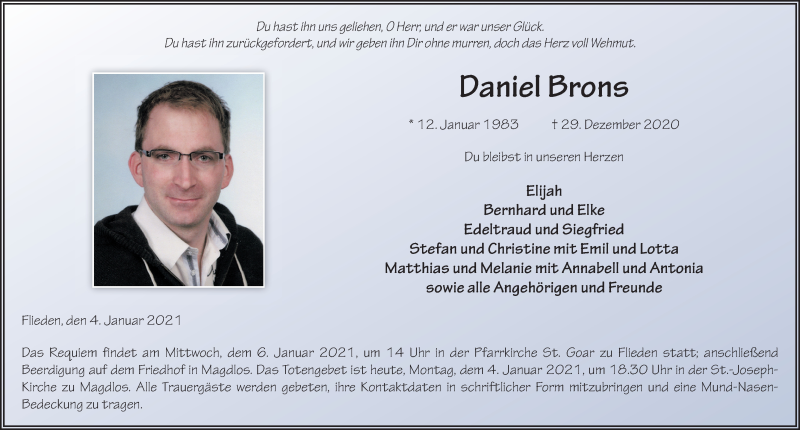  Traueranzeige für Daniel Brons vom 04.01.2021 aus FZ