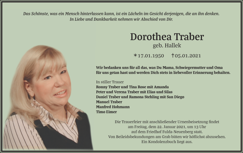  Traueranzeige für Dorothea Traber vom 16.01.2021 aus FZ