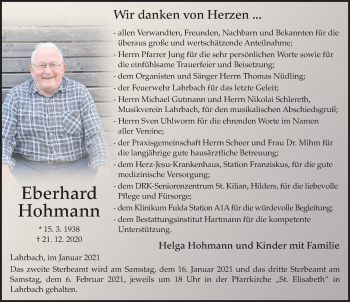 Traueranzeige von Eberhard Hohmann von FZ