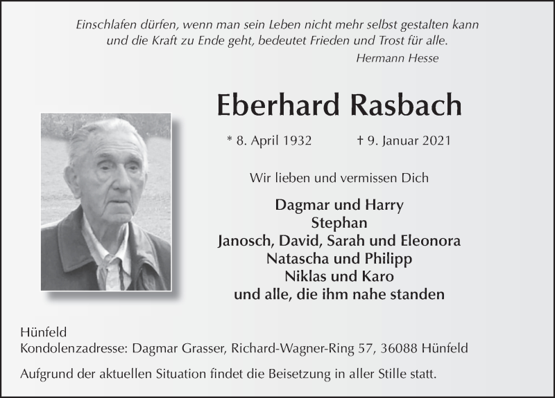  Traueranzeige für Eberhard Rasbach vom 12.01.2021 aus FZ