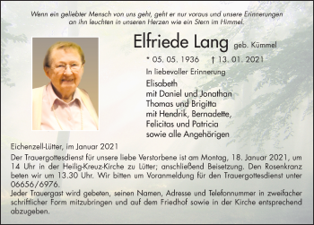 Traueranzeige von Elfriede Lang von FZ