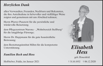 Traueranzeige von Elisabeth Hess von FZ