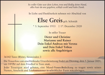 Traueranzeige von Else Greis von FZ
