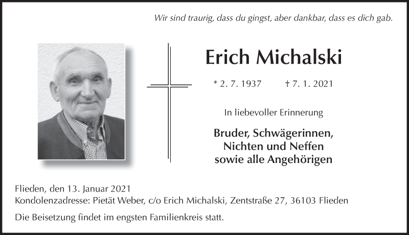  Traueranzeige für Erich Michalski vom 12.01.2021 aus FZ