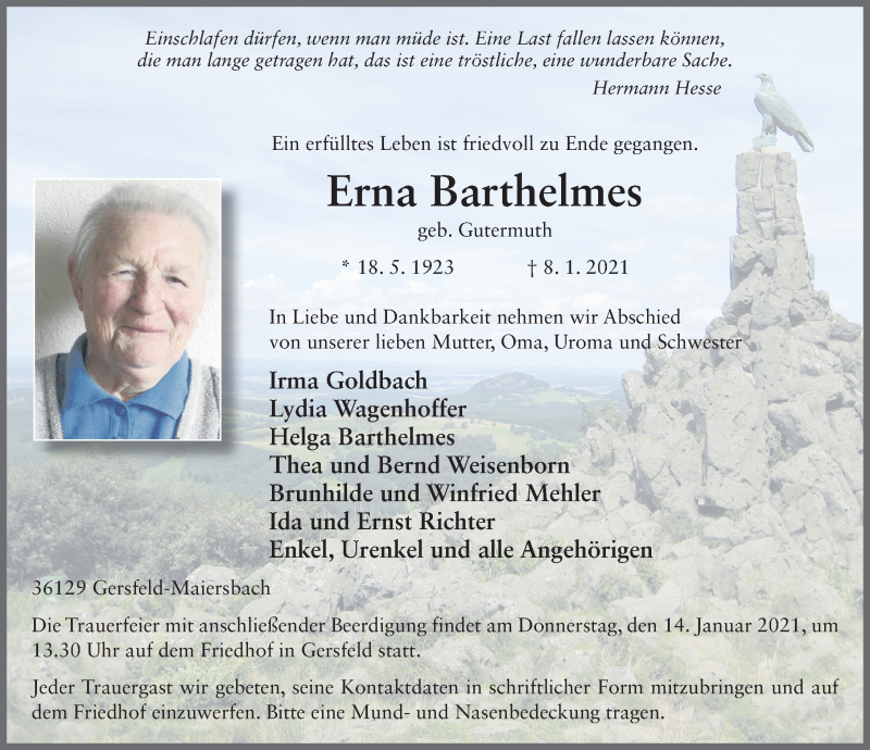  Traueranzeige für Erna Barthelmes vom 12.01.2021 aus FZ