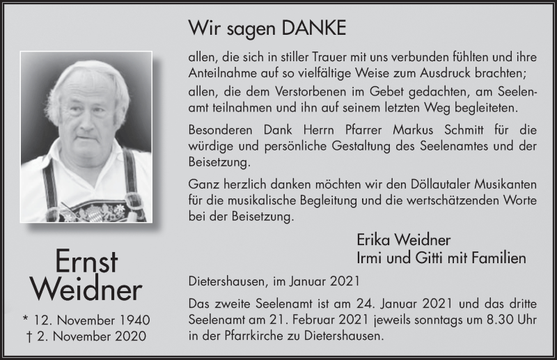  Traueranzeige für Ernst Weidner vom 21.01.2021 aus FZ