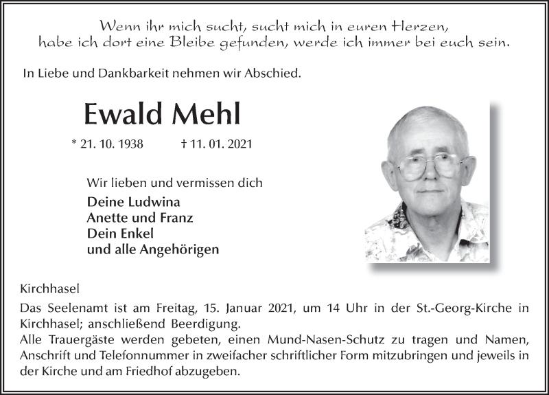  Traueranzeige für Ewald Mehl vom 14.01.2021 aus FZ