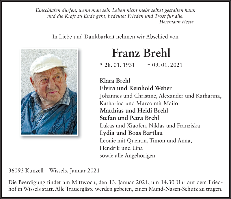  Traueranzeige für Franz Brehl vom 12.01.2021 aus FZ