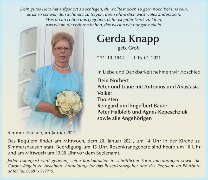  Traueranzeige für Gerda Knapp vom 19.01.2021 aus FZ