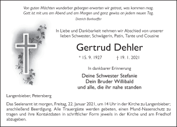 Traueranzeige von Gertrud Dehler von FZ