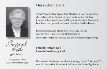 Traueranzeige von Gertrud Keil von FZ