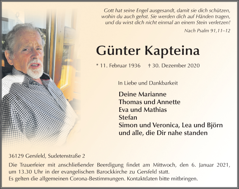  Traueranzeige für Günter Kapteina vom 04.01.2021 aus FZ
