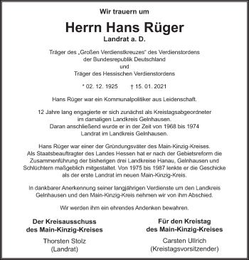 Traueranzeige von Hans Rüger von FZ