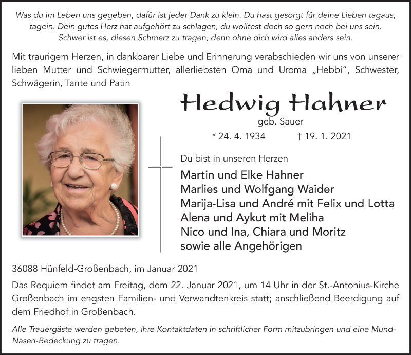  Traueranzeige für Hedwig Hahner vom 21.01.2021 aus FZ