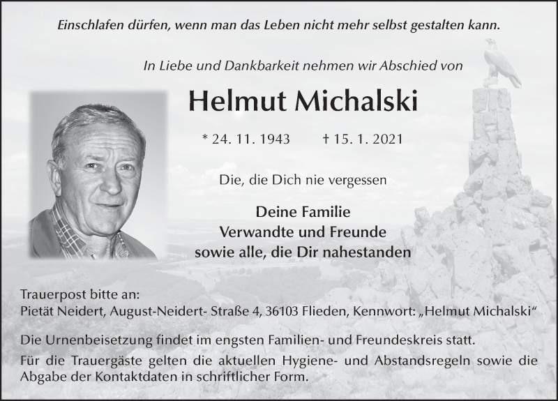  Traueranzeige für Helmut Michalski vom 23.01.2021 aus FZ