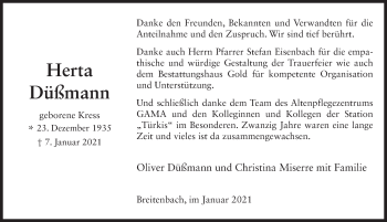 Traueranzeige von Herta Düßmann von FZ