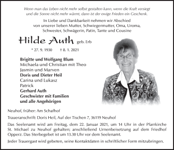 Traueranzeige von Hilde Auth von FZ