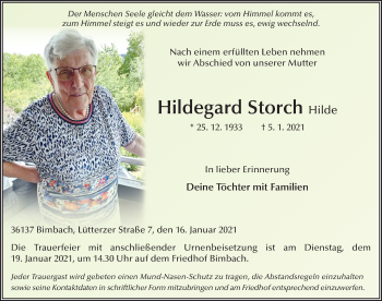Traueranzeige von Hildegard Storch von FZ
