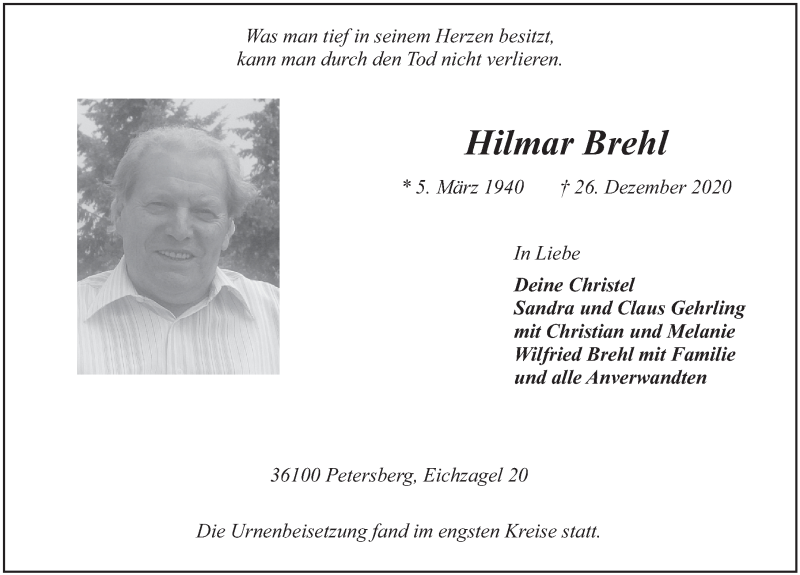  Traueranzeige für Hilmar Brehl vom 15.01.2021 aus FZ