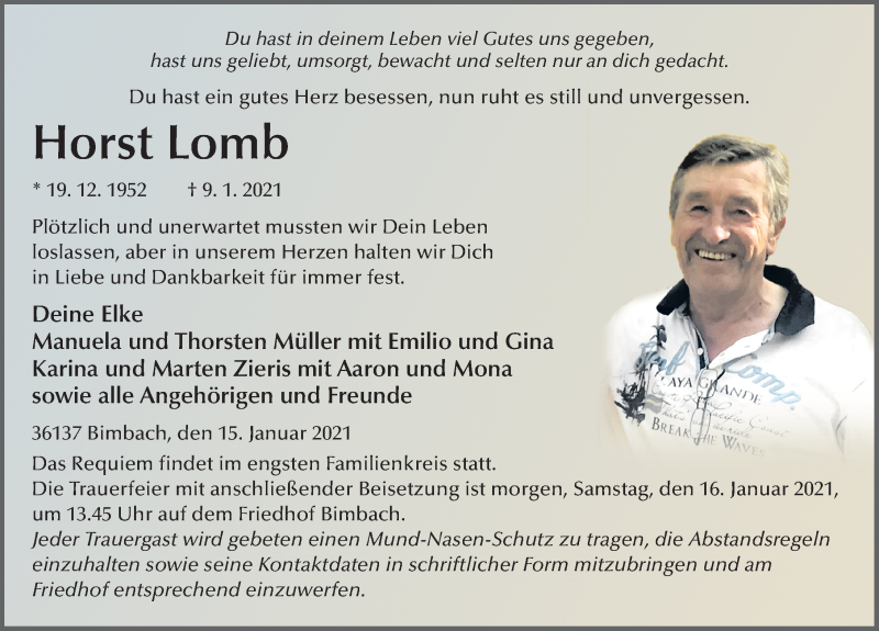  Traueranzeige für Horst Lomb vom 15.01.2021 aus FZ