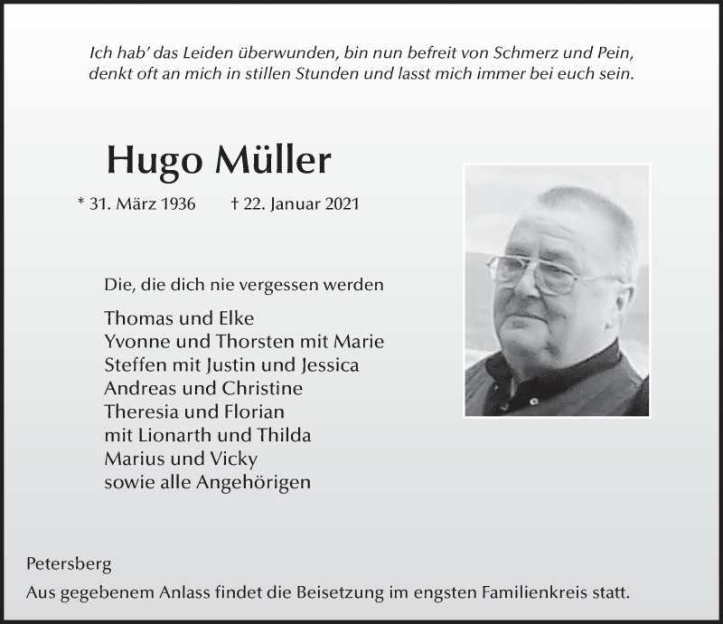  Traueranzeige für Hugo Müller vom 29.01.2021 aus FZ